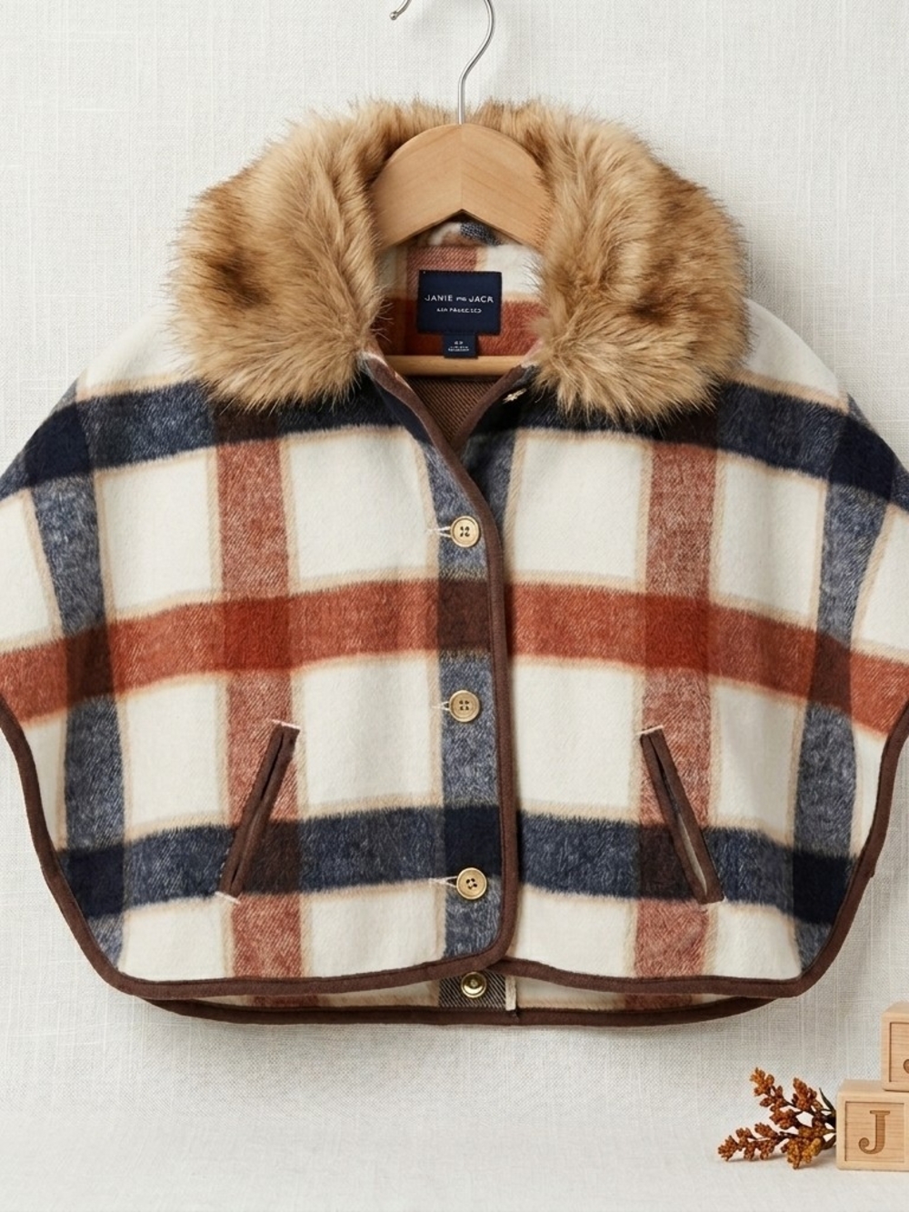 Janie and Jack Plaid Poncho Cape Coat Faux Fur Collar 2T Rust Brown Cream